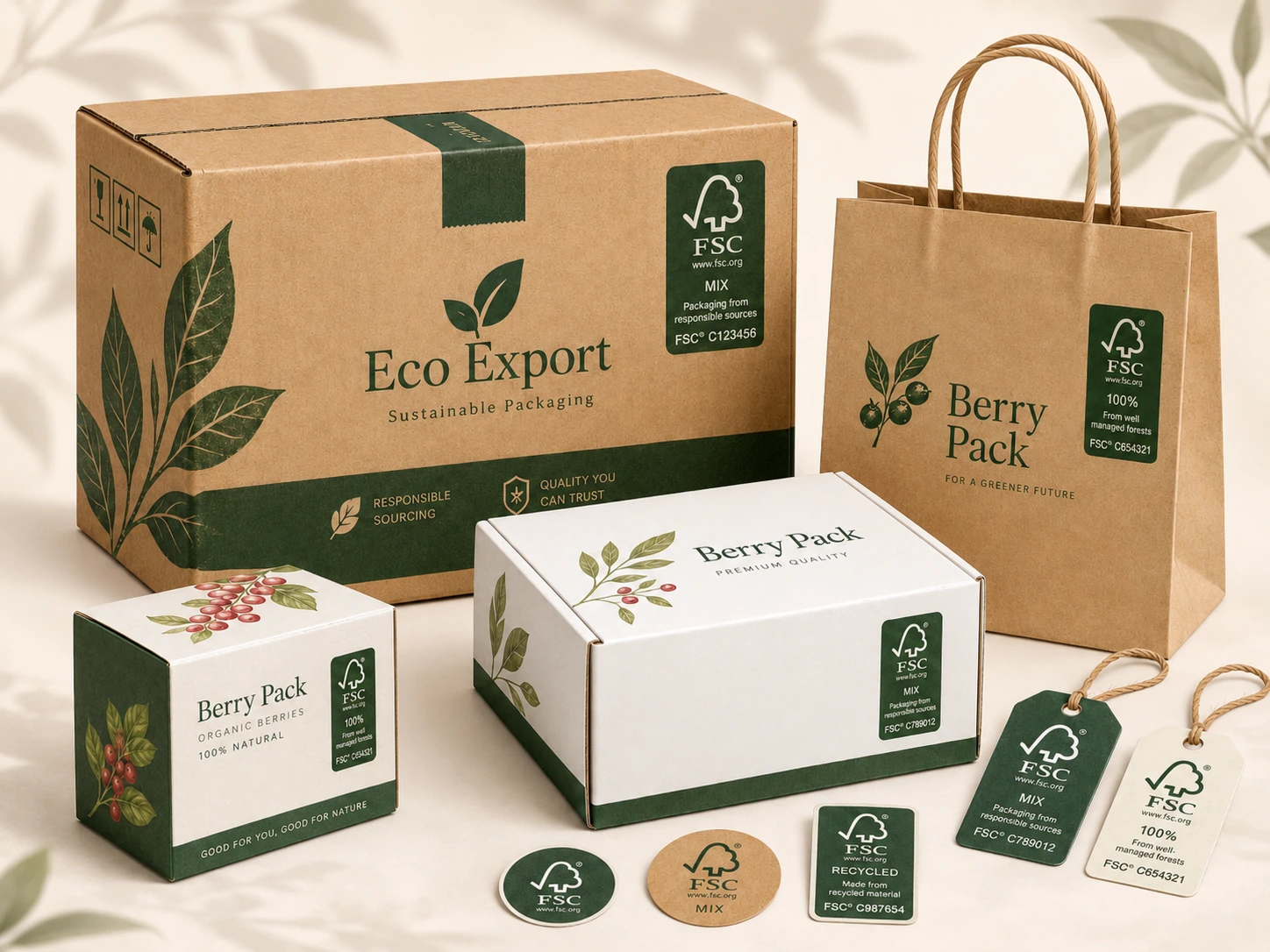 Bộ bao bì FSC dành cho hàng xuất khẩu gồm hộp giấy, túi giấy, tem nhãn và thùng vận chuyển.