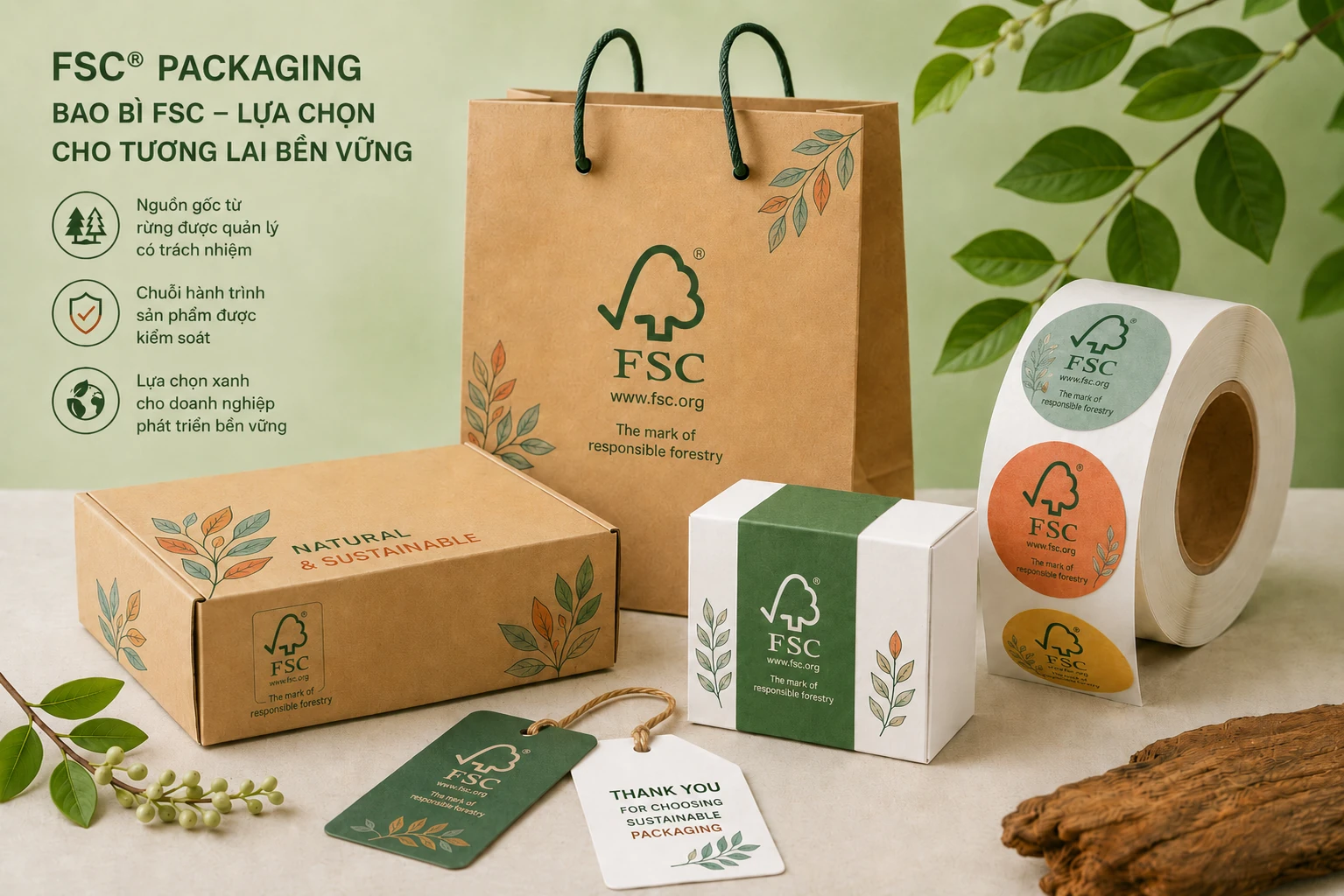 Bao bì FSC gồm hộp giấy túi giấy và tem nhãn thân thiện môi trường
