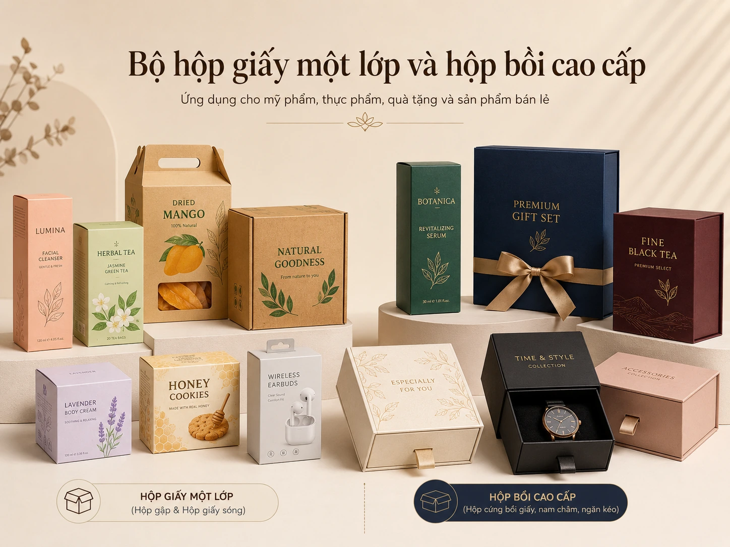 Bộ hộp giấy một lớp và hộp bồi cao cấp ứng dụng cho mỹ phẩm, thực phẩm, quà tặng và sản phẩm bán lẻ.
