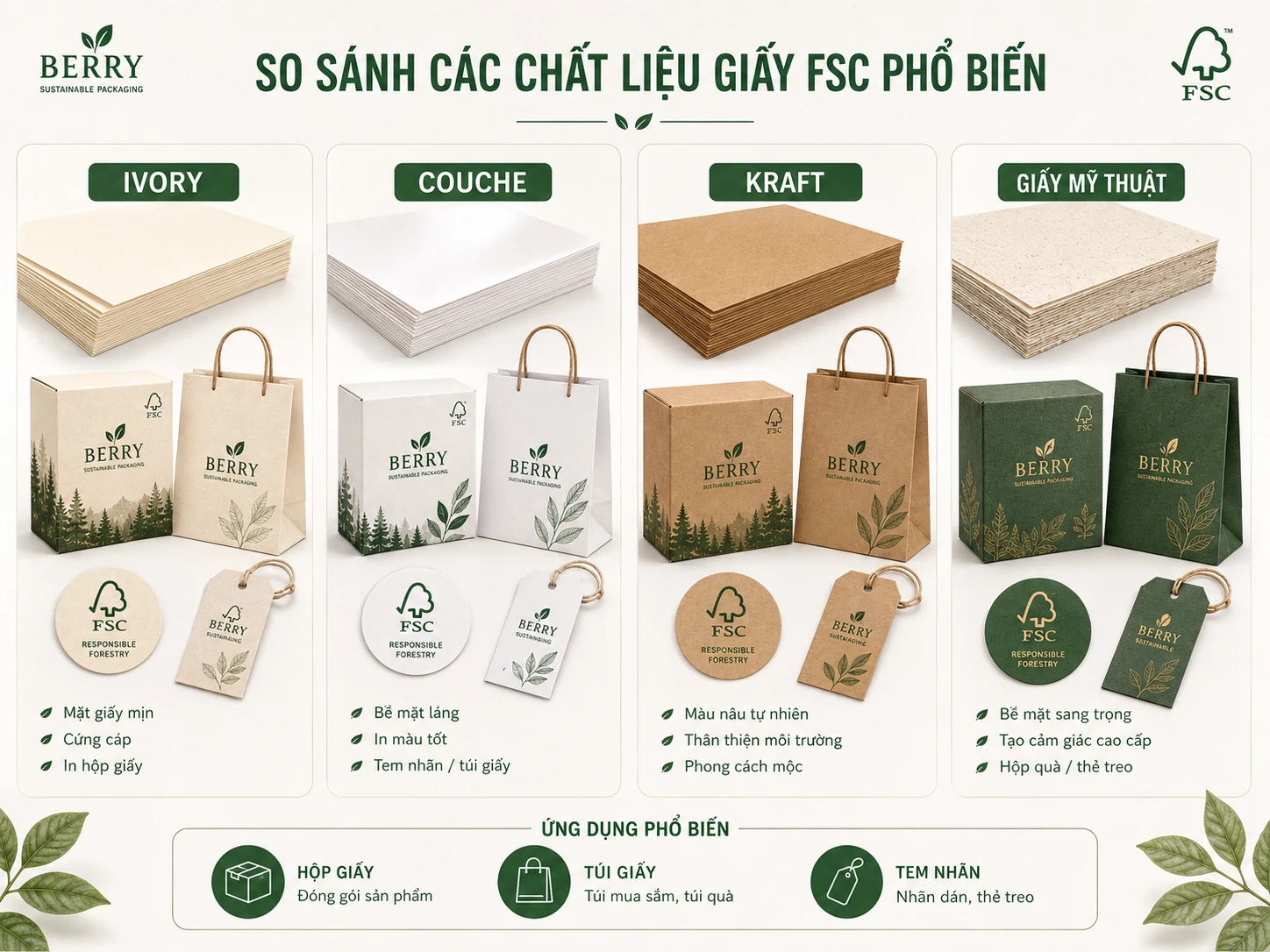 các chất liệu giấy FSC dùng để in hộp giấy túi giấy tem nhãn