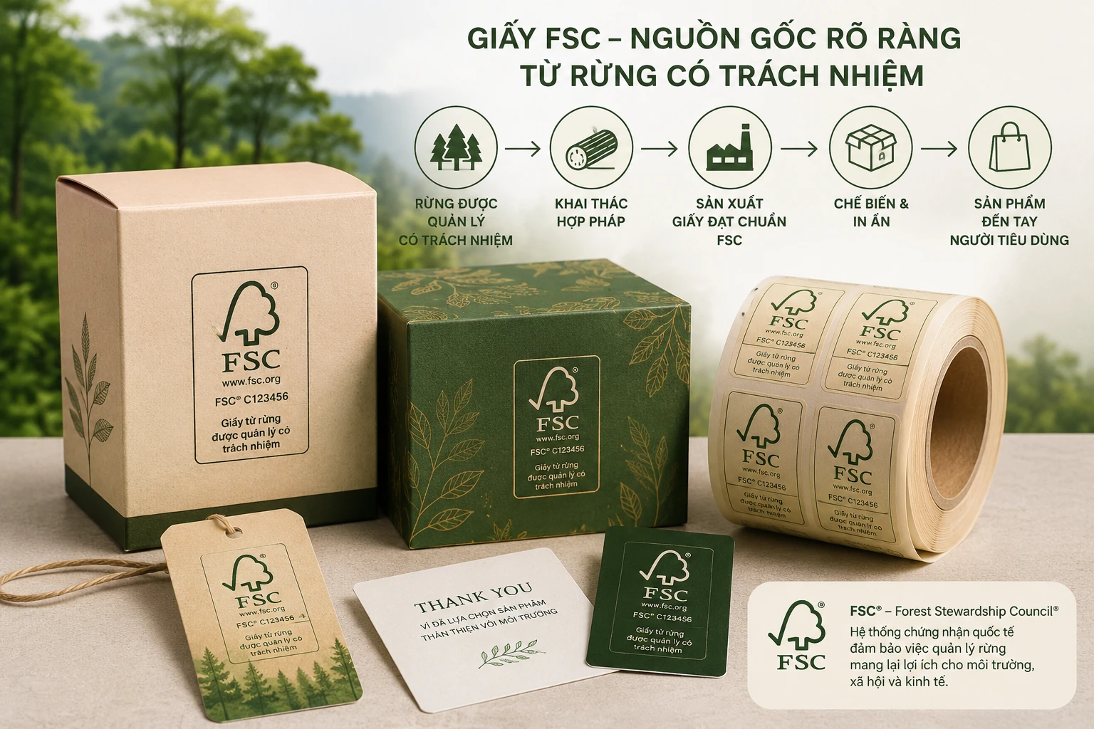 Giấy FSC dùng trong in bao bì hộp giấy và tem nhãn thân thiện môi trường