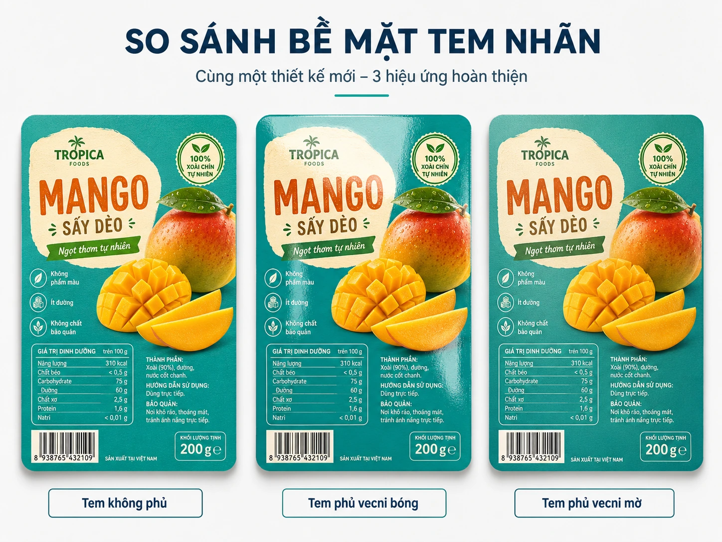 So sánh ba mẫu tem nhãn cùng thiết kế gồm tem không phủ, tem phủ vecni bóng và tem phủ vecni mờ.