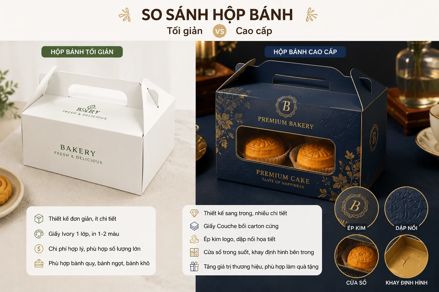 Thiết kế in hộp đựng bánh đẹp theo phong cách tối giản và cao cấp