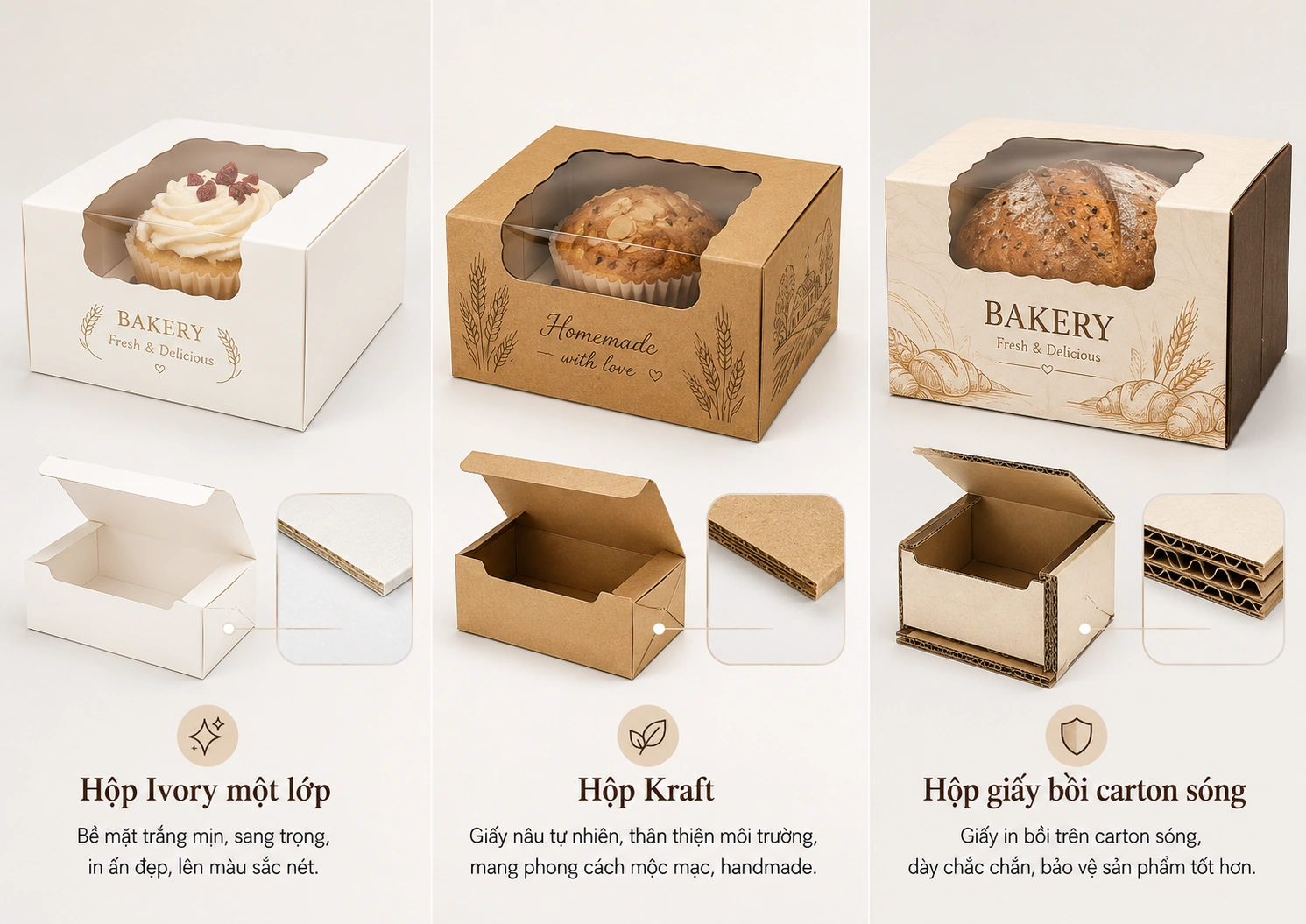 So sánh chất liệu in hộp đựng bánh Ivory, Kraft và carton sóng