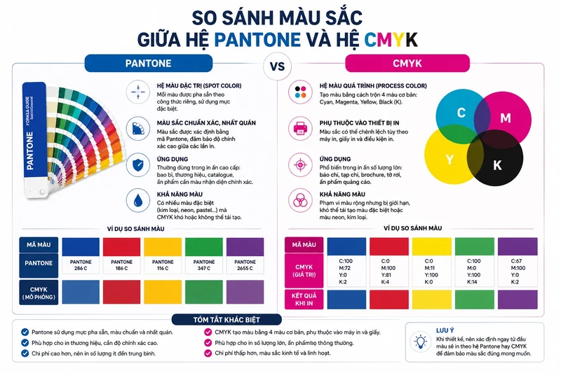 So sánh màu sắc giữa hệ màu Pantone và hệ màu CMYK trong ngành in ấn