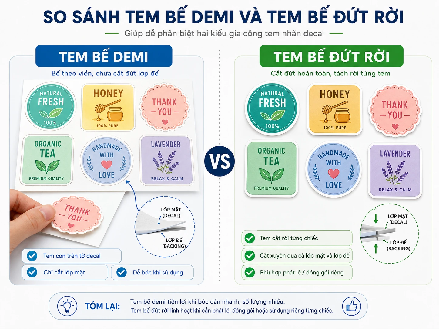 So sánh tem bế demi và tem bế đứt rời trong in decal
