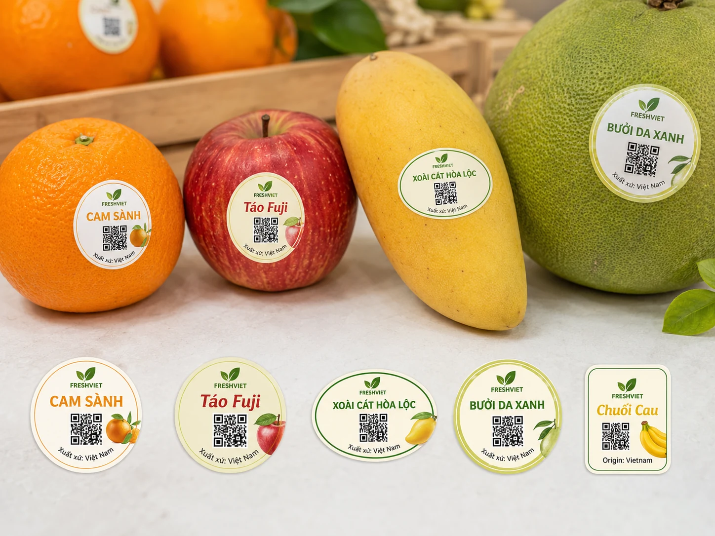 Mẫu in tem dán trái cây có logo mã QR và xuất xứ