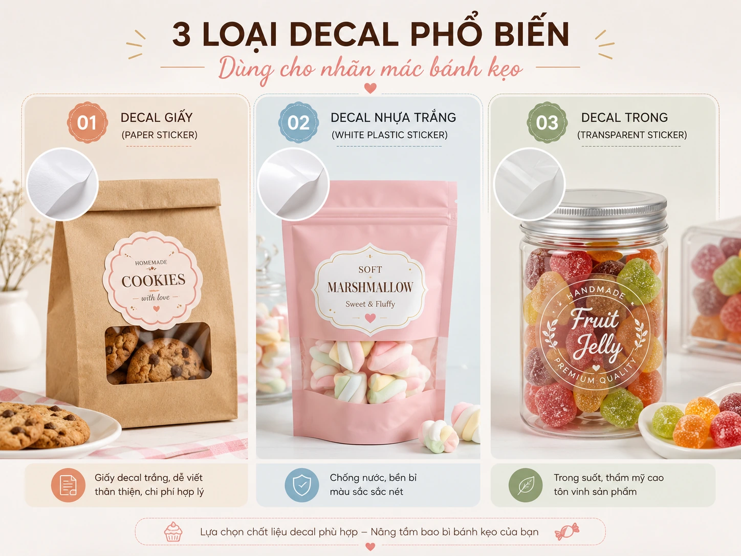 Minh họa các chất liệu decal giấy, decal nhựa trắng và decal trong dùng để in tem bánh kẹo.