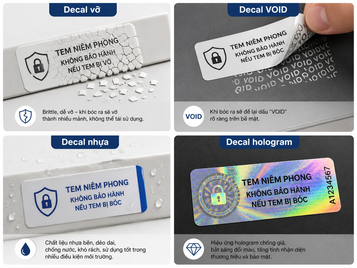 Minh họa các chất liệu decal vỡ, decal VOID, decal nhựa và decal hologram dùng để in tem niêm phong.