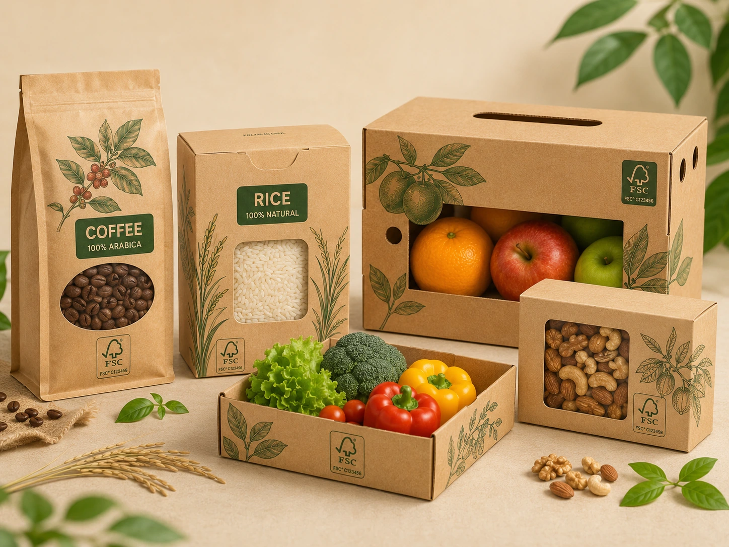 Minh họa túi giấy, hộp nắp gài, hộp có cửa sổ, khay giấy và thùng carton dành cho nhiều nhóm nông sản.