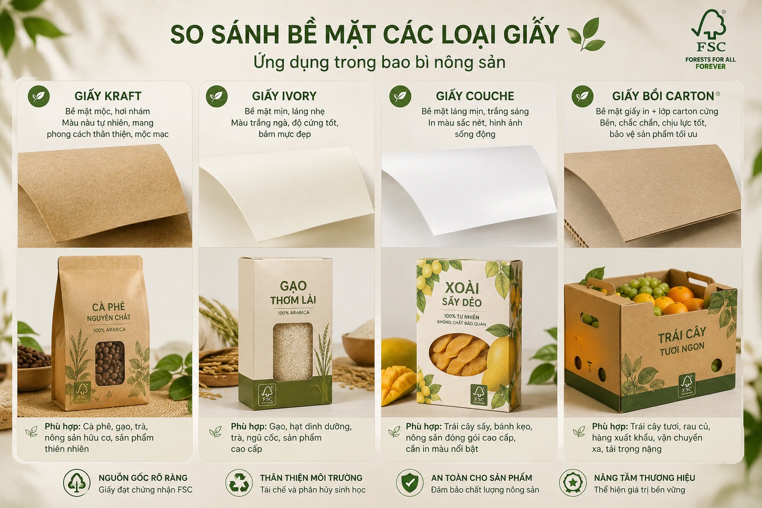 So sánh bề mặt và độ dày của giấy Kraft, Ivory, Couche và giấy bồi carton dùng trong bao bì nông sản.