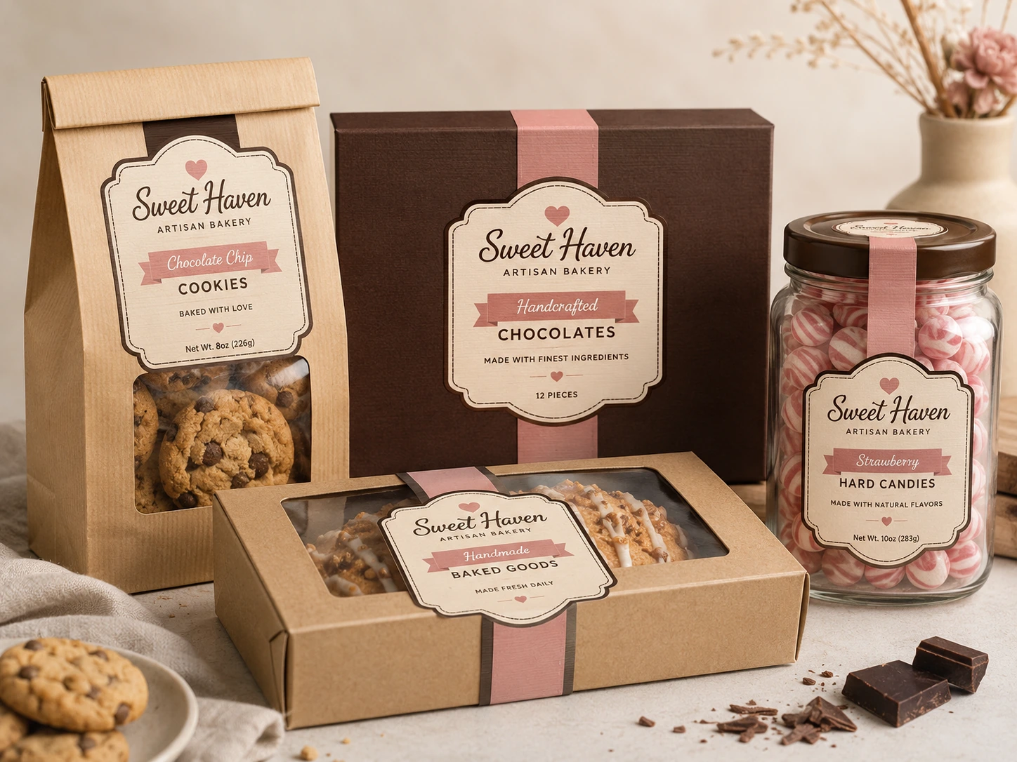 in tem nhãn dán bánh kẹo Bộ tem nhãn đồng bộ được dán trên túi bánh quy, hộp chocolate, hũ kẹo và hộp bánh handmade.